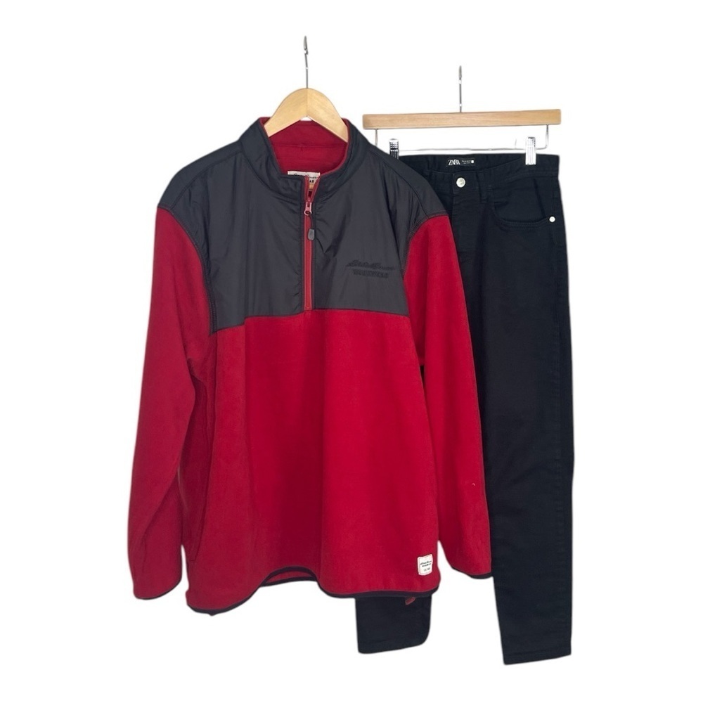 Eddie Bauer Workwear Men's  1/4 Zip Red and Black fleece Top XL - Picture 2 of 7